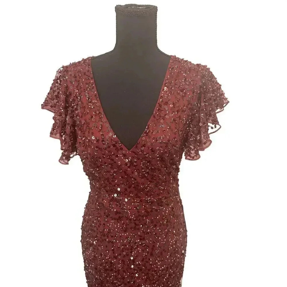 NEW- NWT Mac Duggal SEQUINED V NECK FLUTTER CAP SLEEVE TRUMPET DRESS SZ 0 - Picture 6 of 8